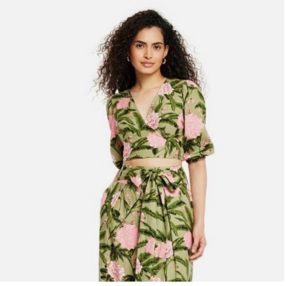 Women's Large Peony Print Tie Wrap Top - Agua Bendita Dark Olive/Blush XS
